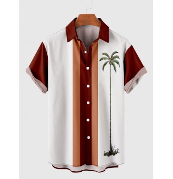 50s Orange & White Stitching Coconut Tree Printing Men's Short Sleeve Shirt