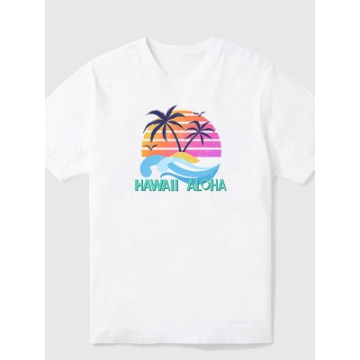 Colorful Coconut Tree Printing Cotton Men's Short Sleeve Tee