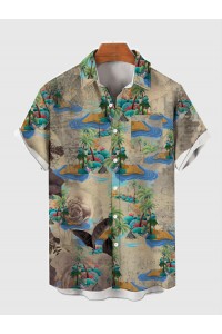 Full-Print Retro Hawaiian Island, Coconut Tree and Sea Printing Men's Short Sleeve Shirt