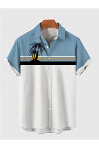 Blue and White Color Matching Retro Coconut Tree Printing Men's Short Sleeve Shirt