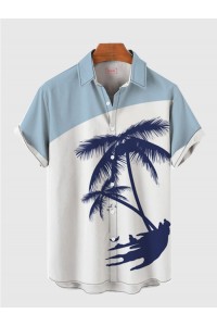 Blue & White Stitching Seaside Coconut Tree Printing Men's Short Sleeve Shirt