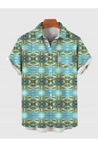 Full-Print Beach Style Coconut Trees And Sea Printing Men's Short Sleeve Shirt