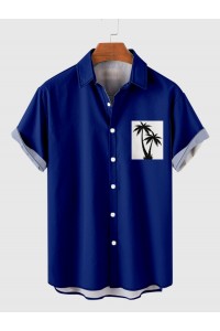 Bright-Blue Coconut Tree Printing Men's Short Sleeve Shirt