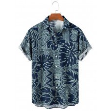 Hawaiian Style Hibiscus and Tropical Leaf Short Sleeve Shirt