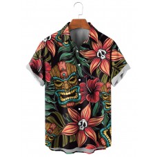 Men's Hawaiian Tikki Mask Skull Flower Short Sleeve Shirt